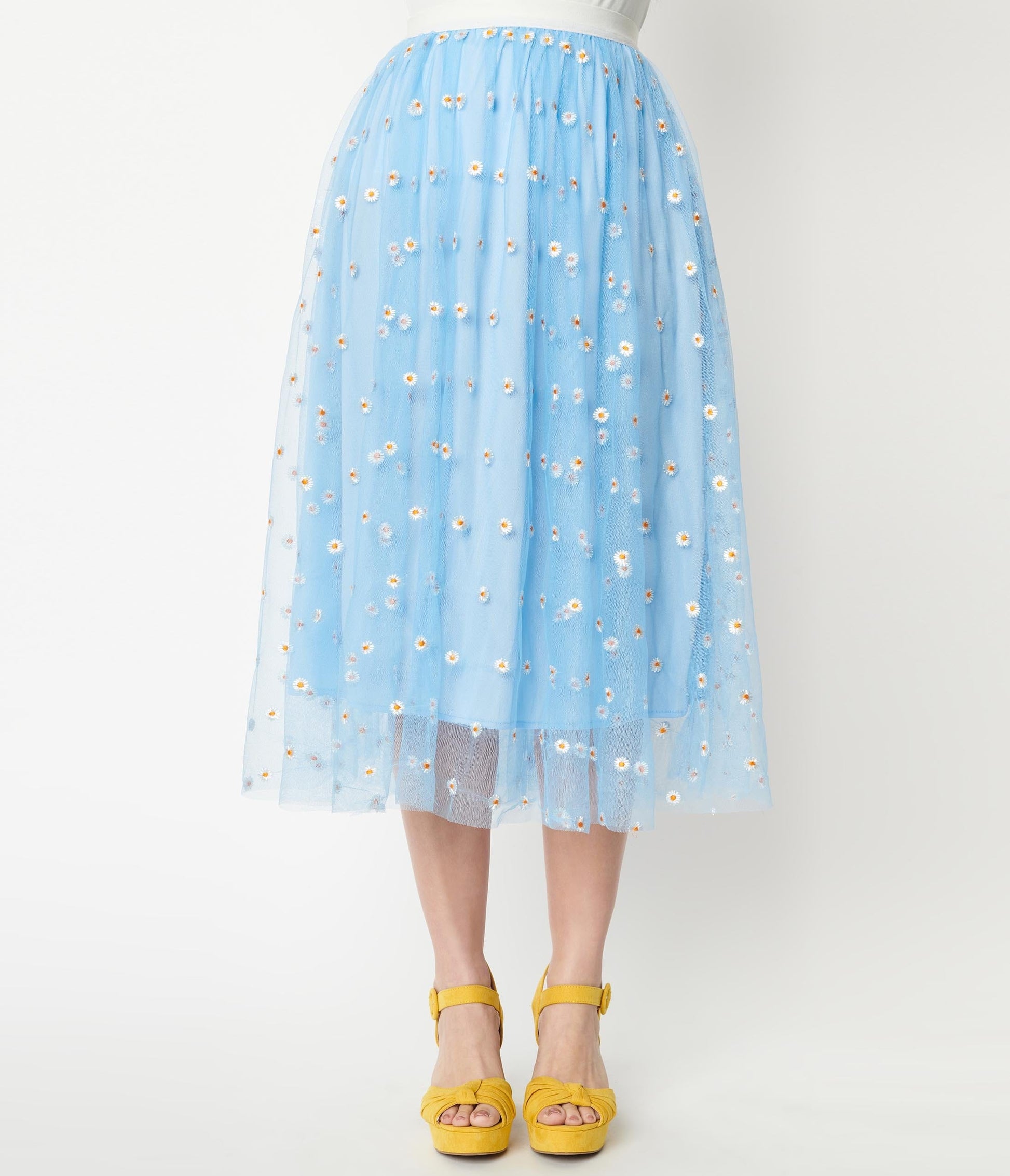 1950s Unique Vintage Periwinkle Tulle & White Daisy Hilty Skirt