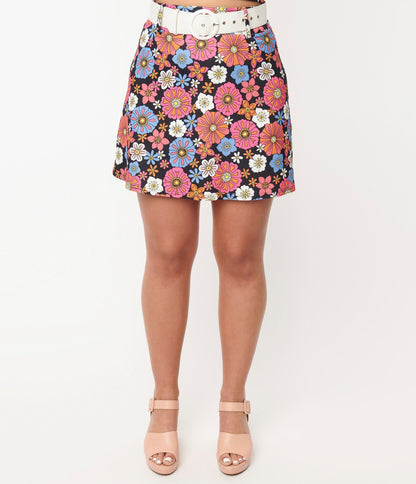 1960s Smak Parlour Black & Purple Retro Floral Easy Does It Mini Skirt