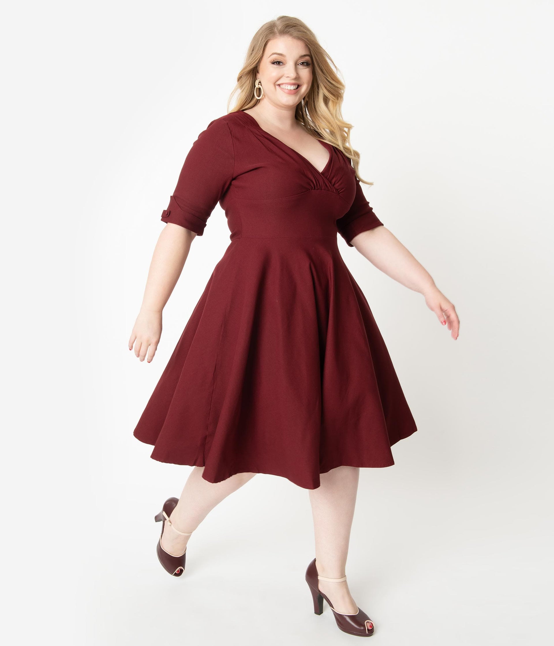 Plus 1950s Burgundy Red Delores Swing Dress Sleeves