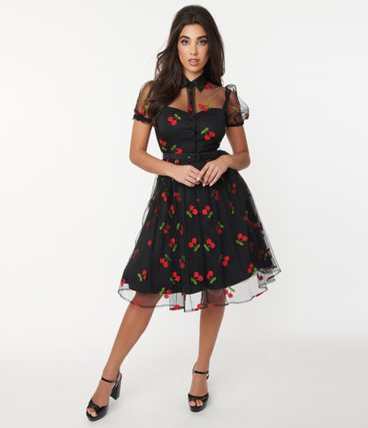 1950s Unique Vintage Black & Red Embroidered Cherry Hollie Swing Dress