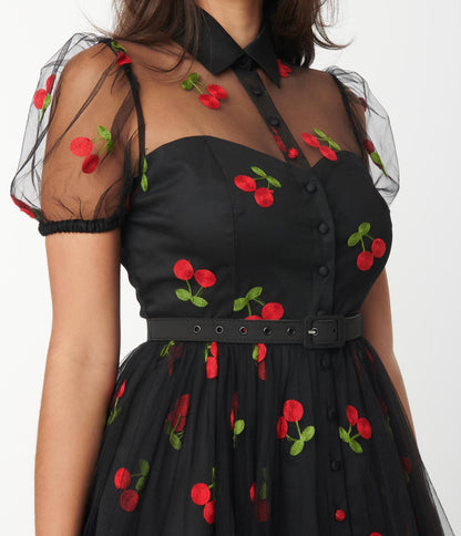 1950s Unique Vintage Black & Red Embroidered Cherry Hollie Swing Dress