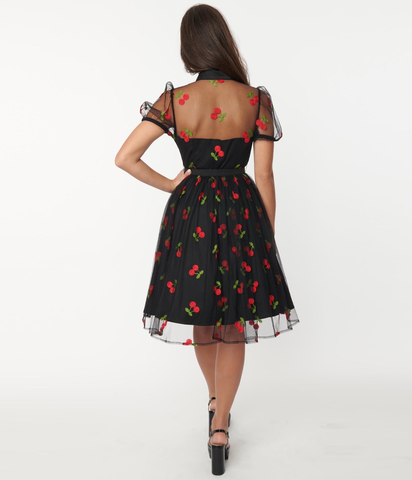 1950s Unique Vintage Black & Red Embroidered Cherry Hollie Swing Dress