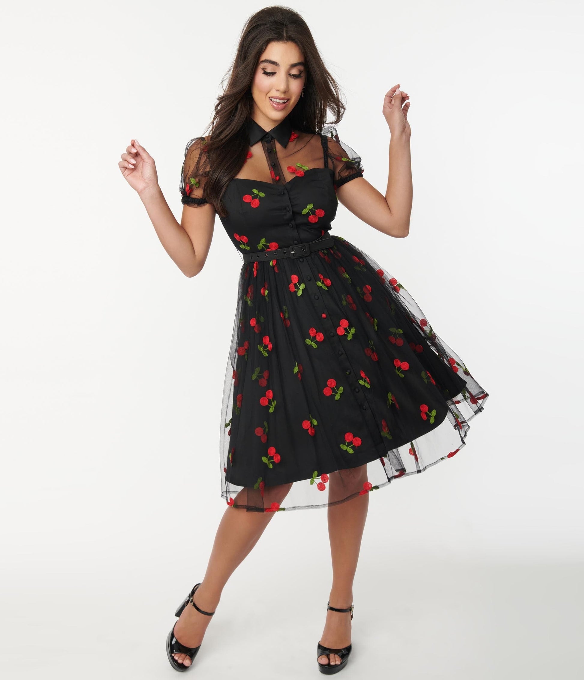 1950s Unique Vintage Black & Red Embroidered Cherry Hollie Swing Dress