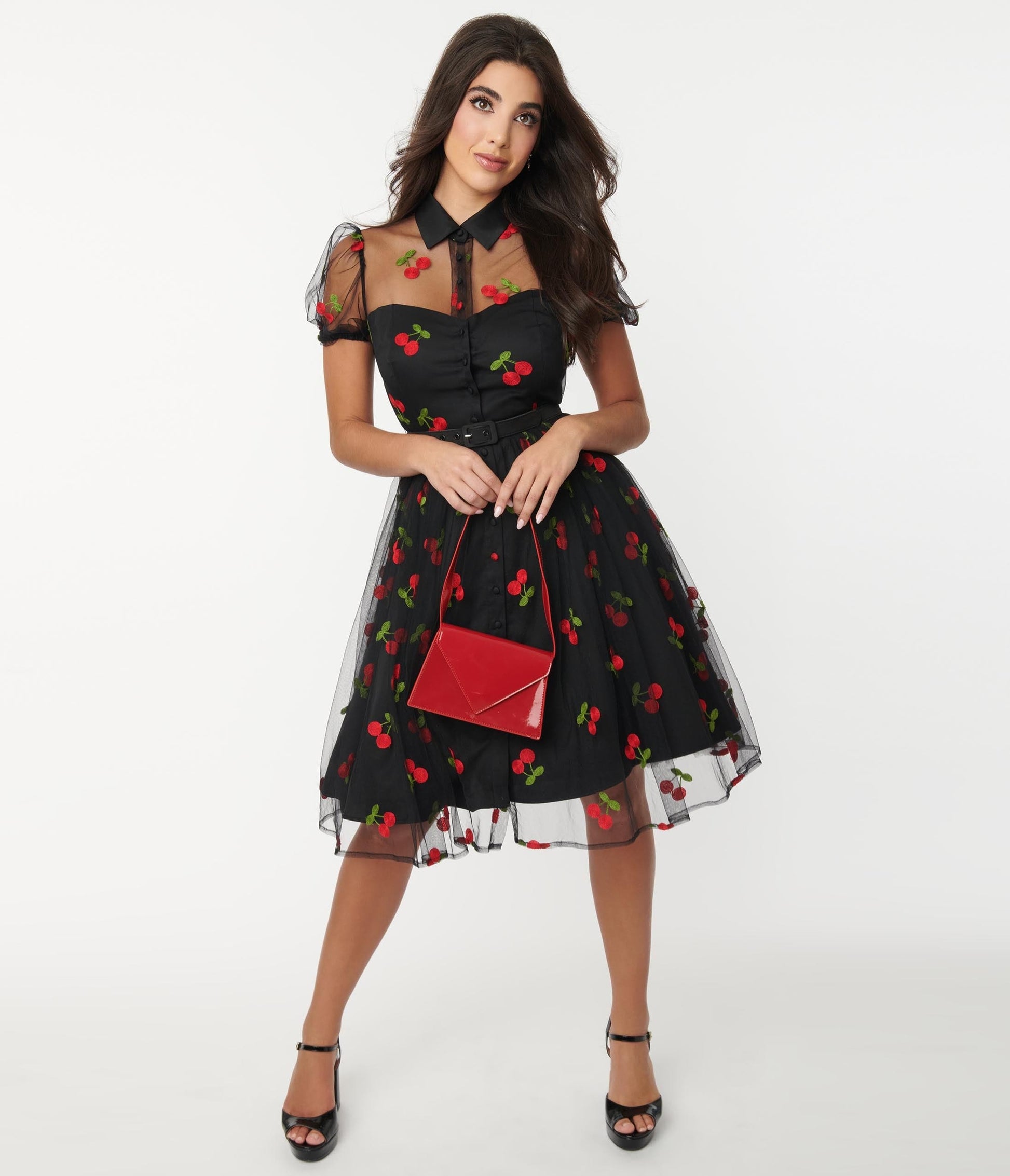 1950s Unique Vintage Black & Red Embroidered Cherry Hollie Swing Dress