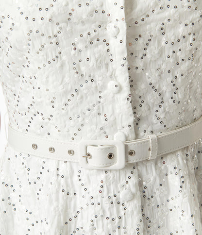 1950s Unique Vintage White Eyelet & Sequin Belted Shirtdress