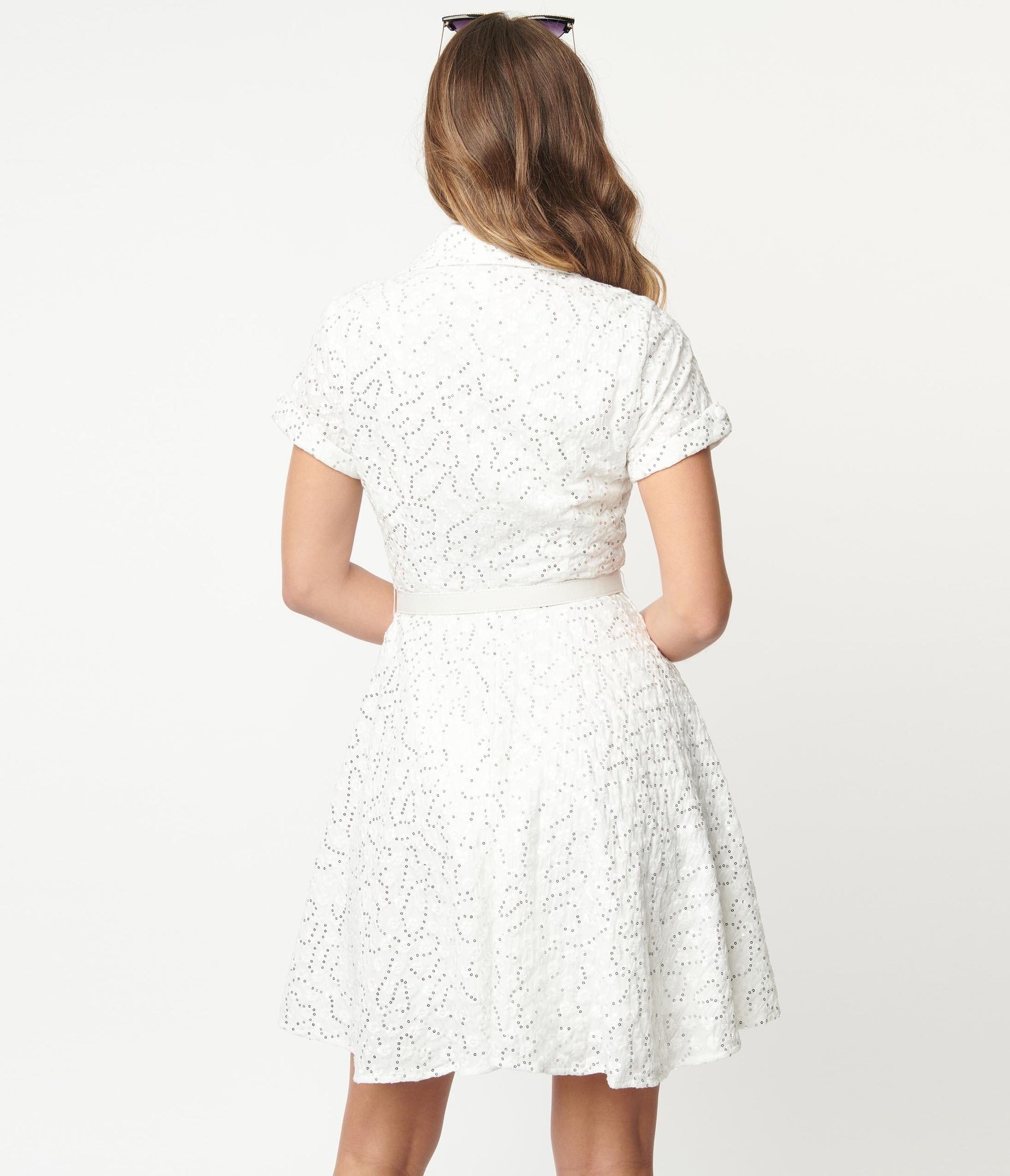 1950s Unique Vintage White Eyelet & Sequin Belted Shirtdress