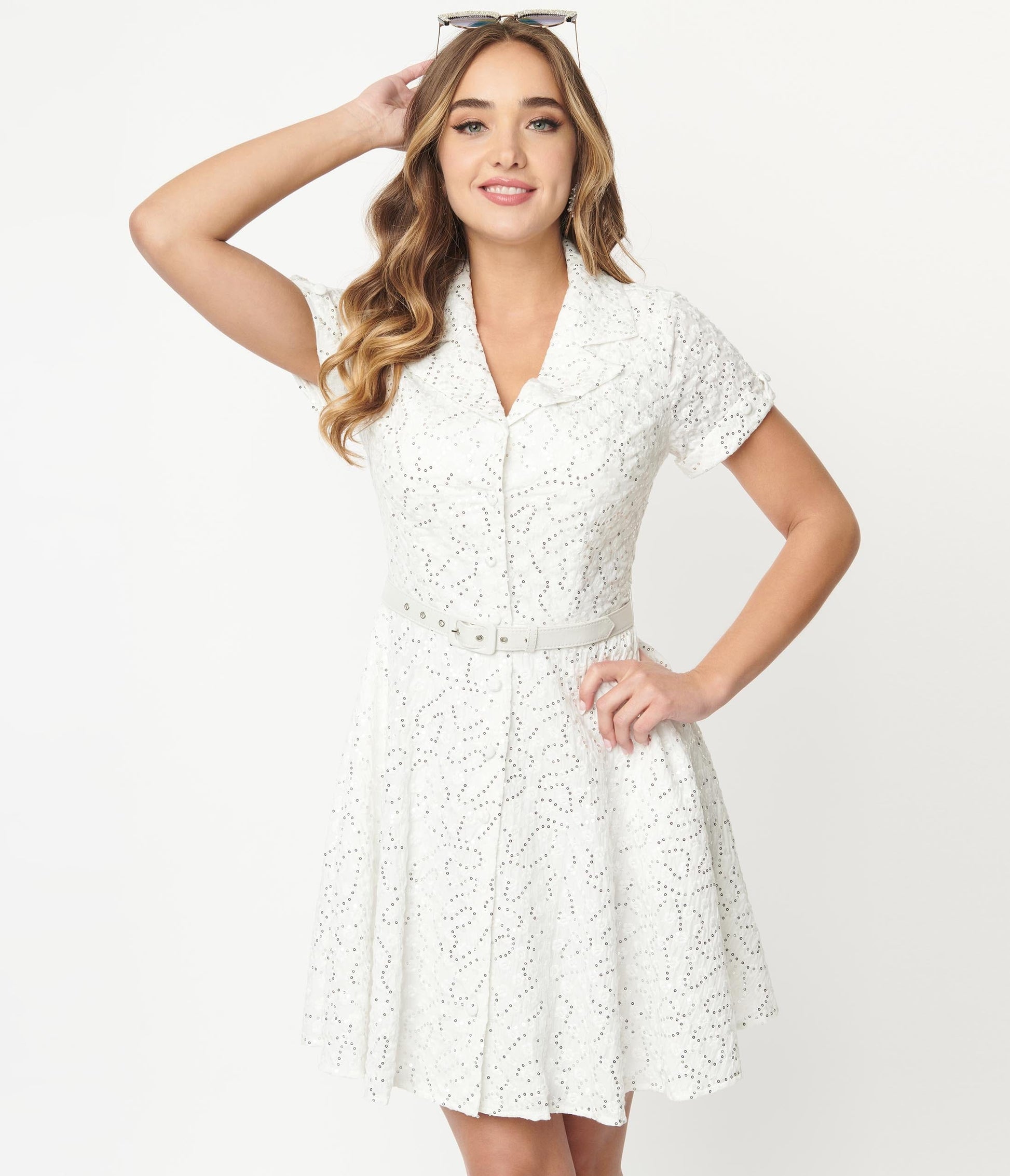 1950s Unique Vintage White Eyelet & Sequin Belted Shirtdress