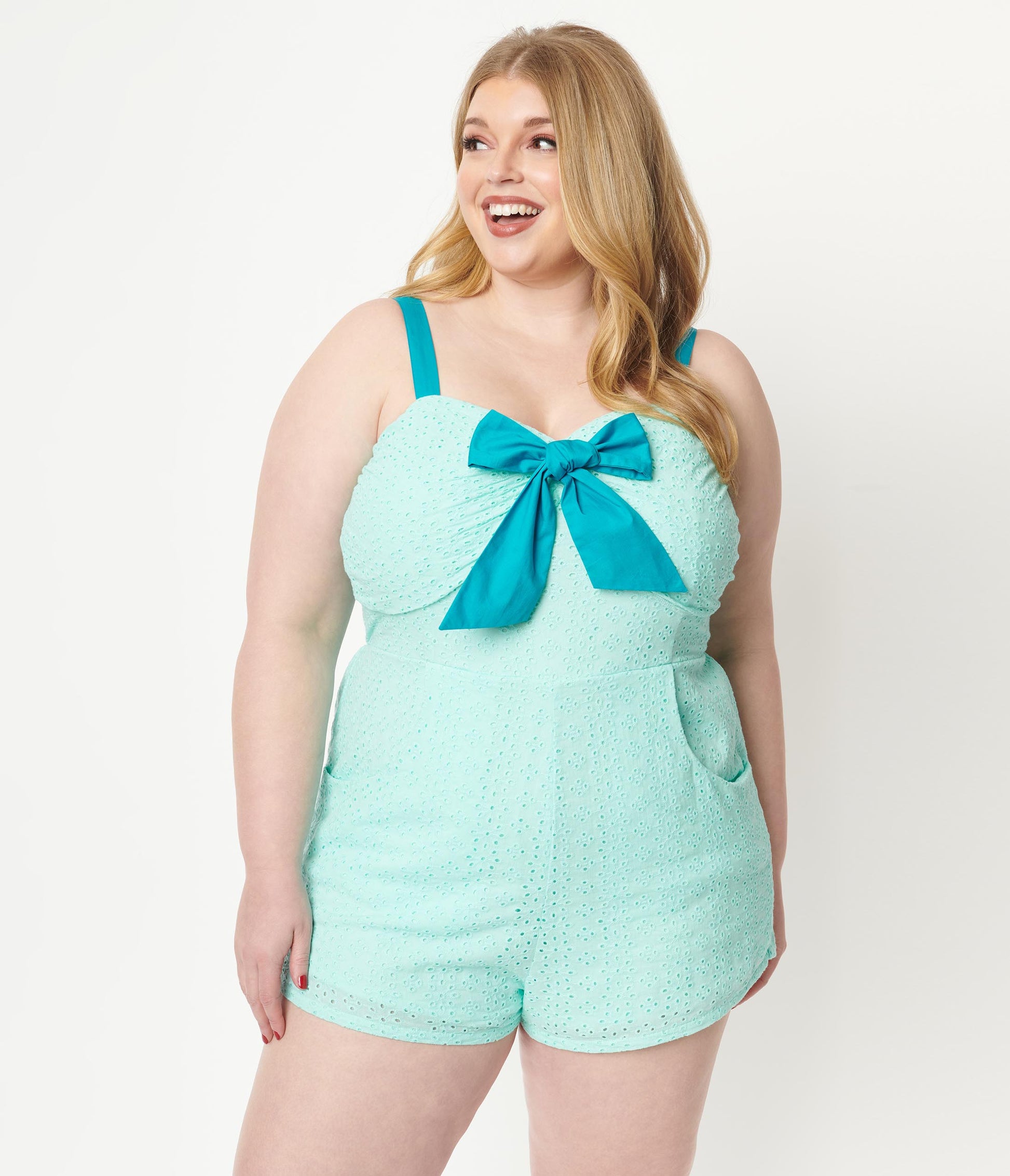 1950s Unique Vintage Plus Size Aruba Blue Eyelet Rae Romper