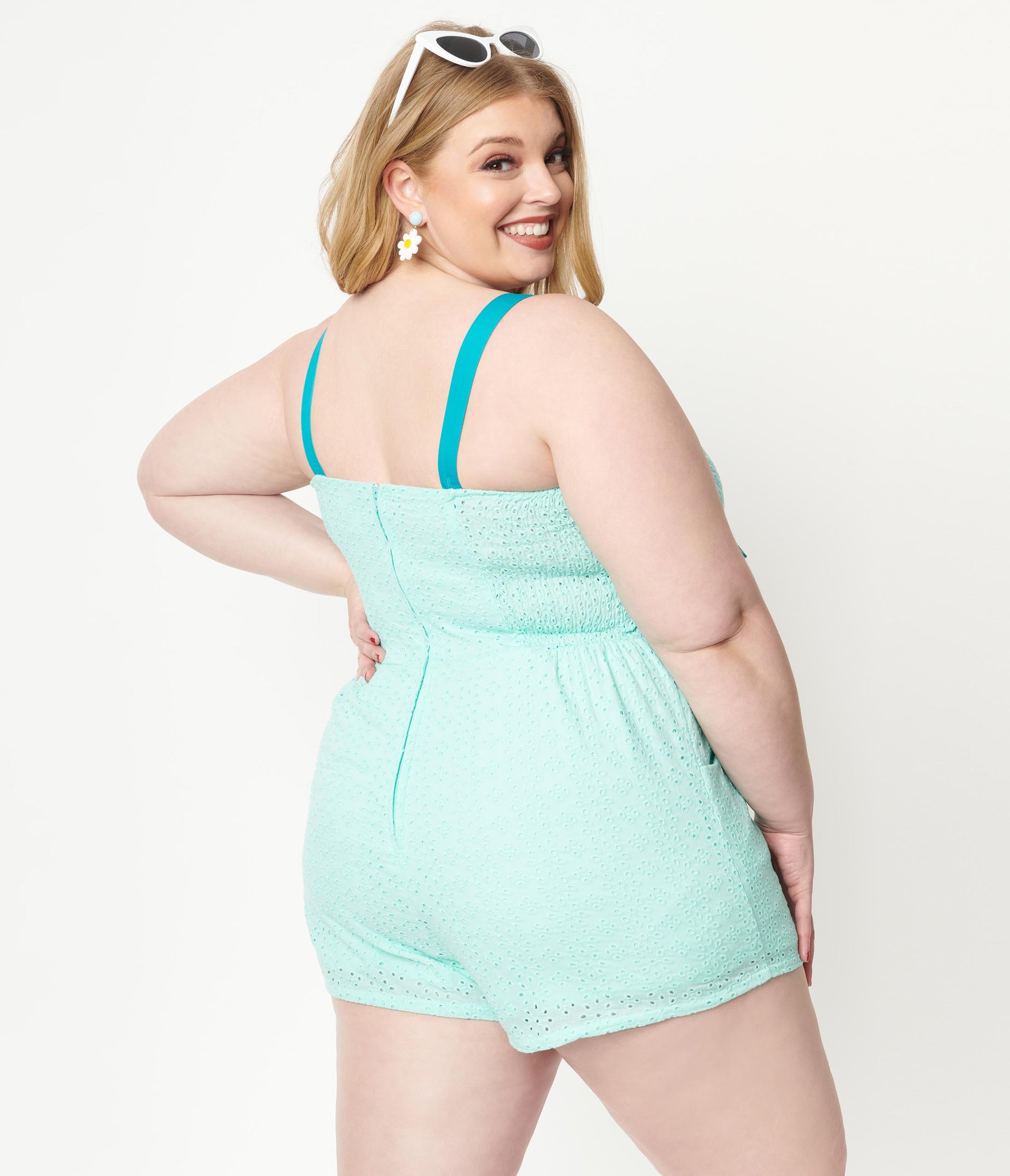 1950s Unique Vintage Plus Size Aruba Blue Eyelet Rae Romper