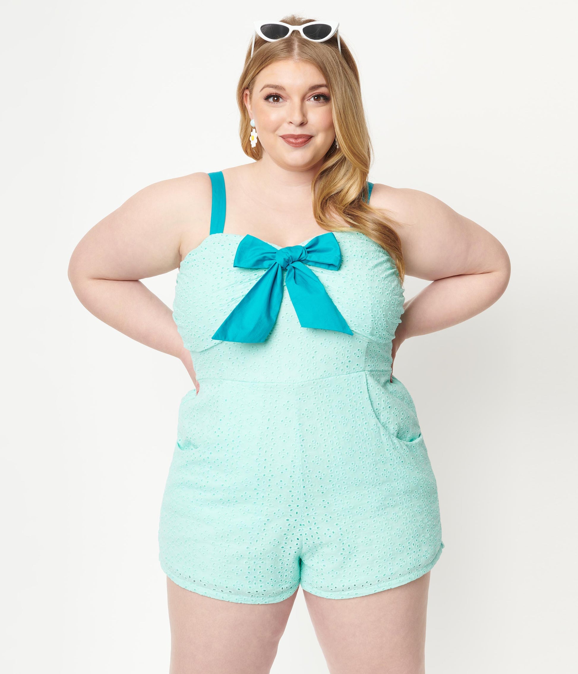 1950s Unique Vintage Plus Size Aruba Blue Eyelet Rae Romper