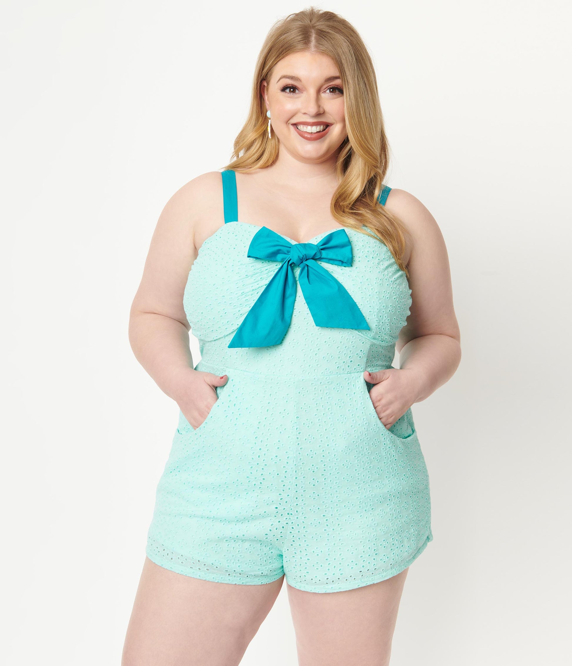 1950s Unique Vintage Plus Size Aruba Blue Eyelet Rae Romper