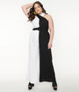 Smak Parlour Plus Size Black & White Colorblock Draped Darling Jumpsuit