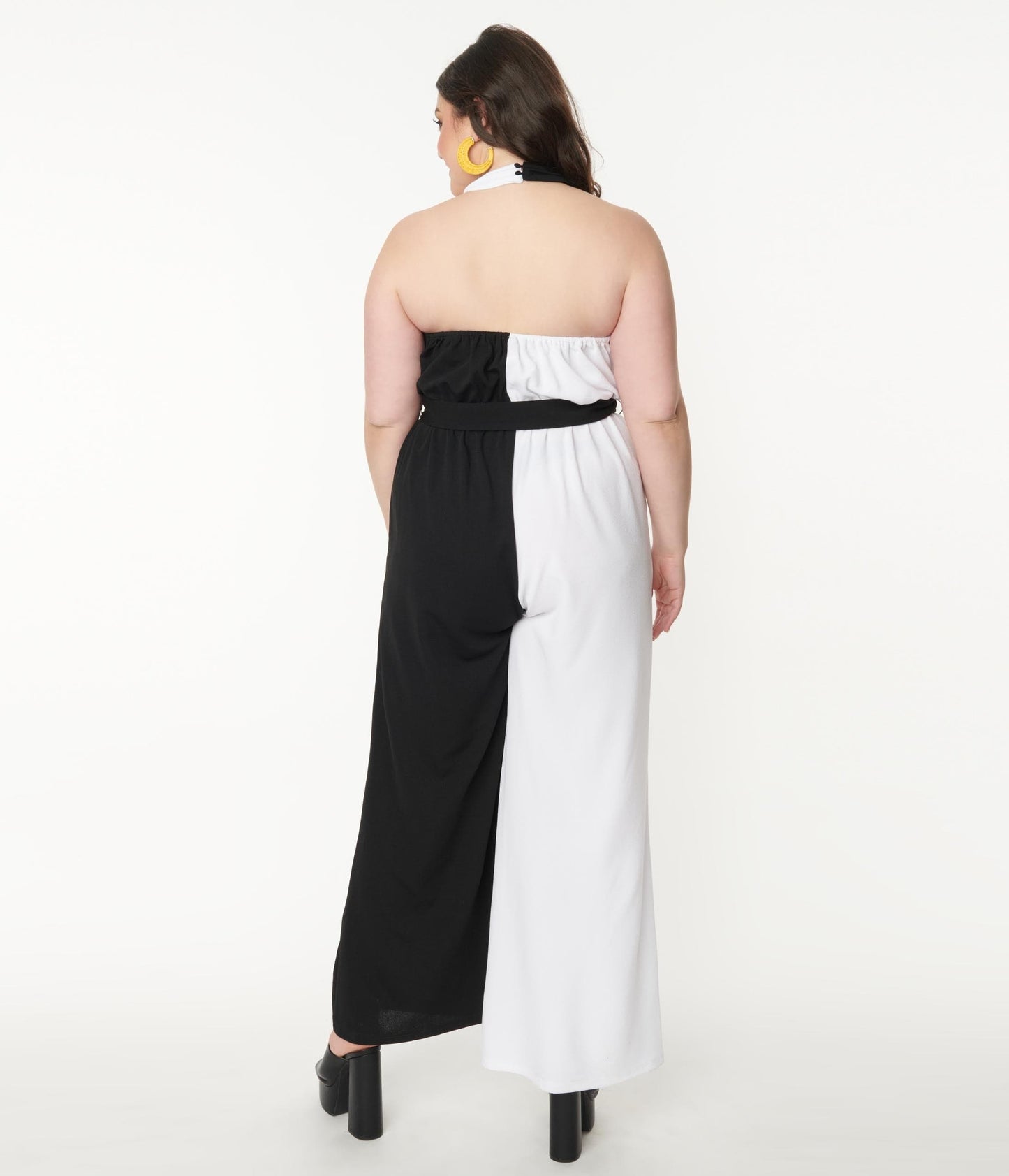 1970s Smak Parlour Plus Size Black & White Colorblock Draped Darling Jumpsuit