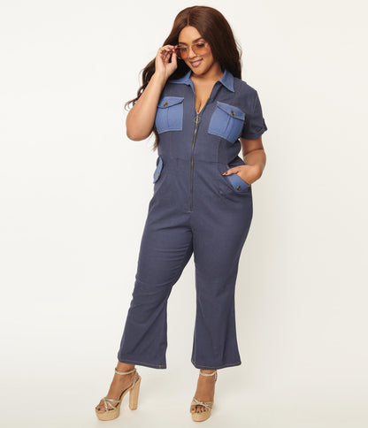 1970s Unique Vintage Plus Size Blue Denim Cargo Jumpsuit