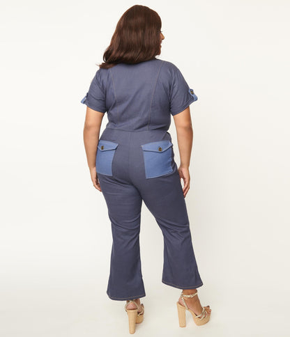 1970s Unique Vintage Plus Size Blue Denim Cargo Jumpsuit