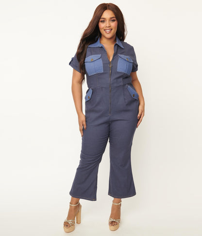 1970s Unique Vintage Plus Size Blue Denim Cargo Jumpsuit
