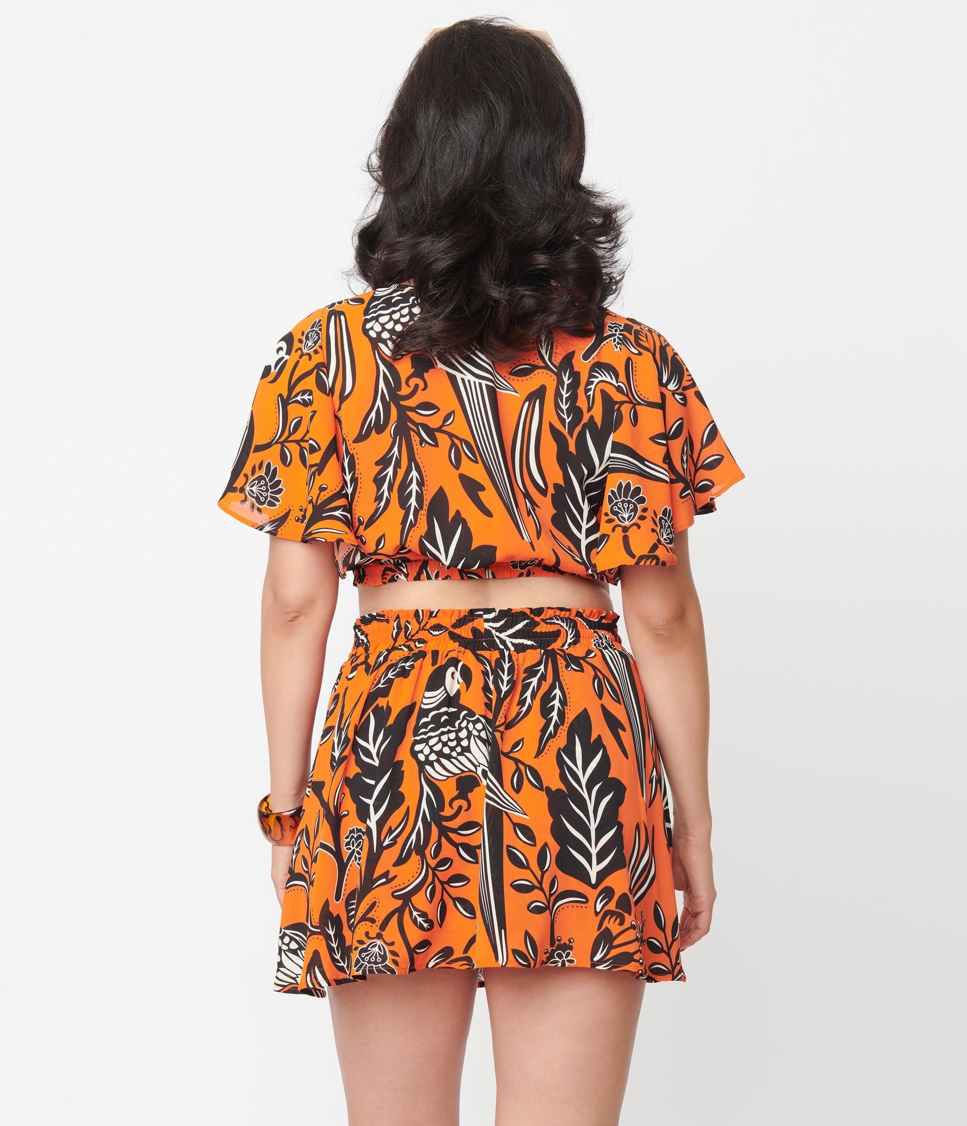 1960s Unique Vintage Orange & Black Tropical Parrot Print Daryl Skort