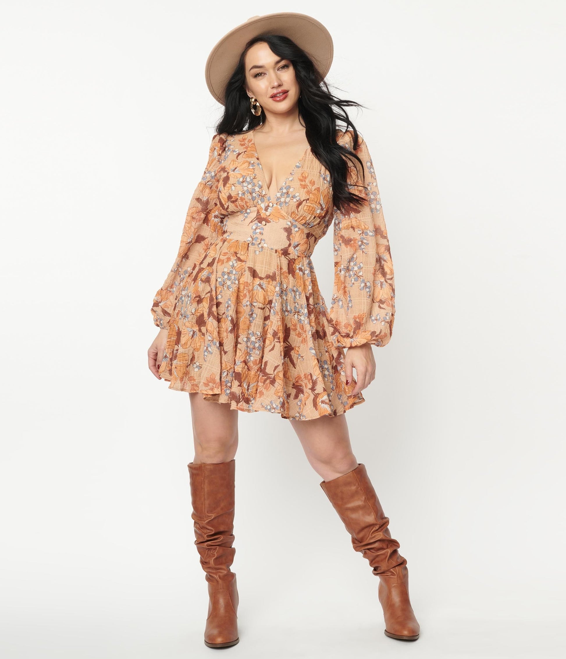 Brown & Orange Floral Print Fit & Flare Dress
