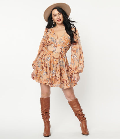 Brown & Orange Floral Print Fit & Flare Dress