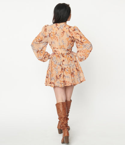 Brown & Orange Floral Print Fit & Flare Dress