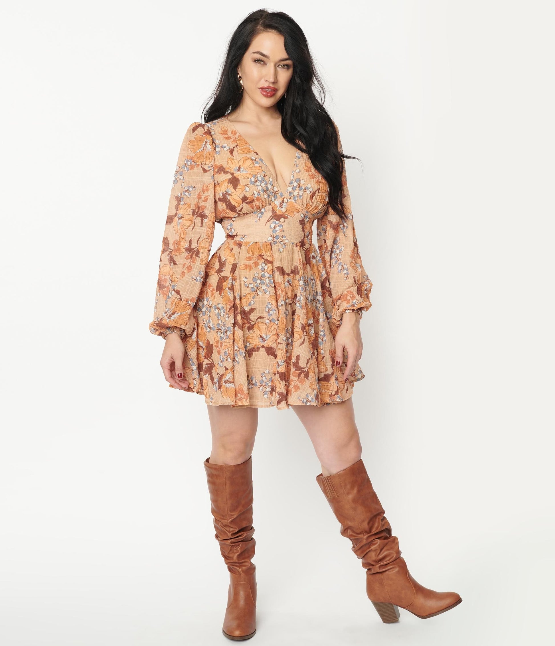 Brown & Orange Floral Print Fit & Flare Dress