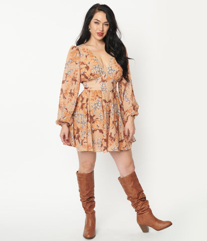 Brown & Orange Floral Print Fit & Flare Dress