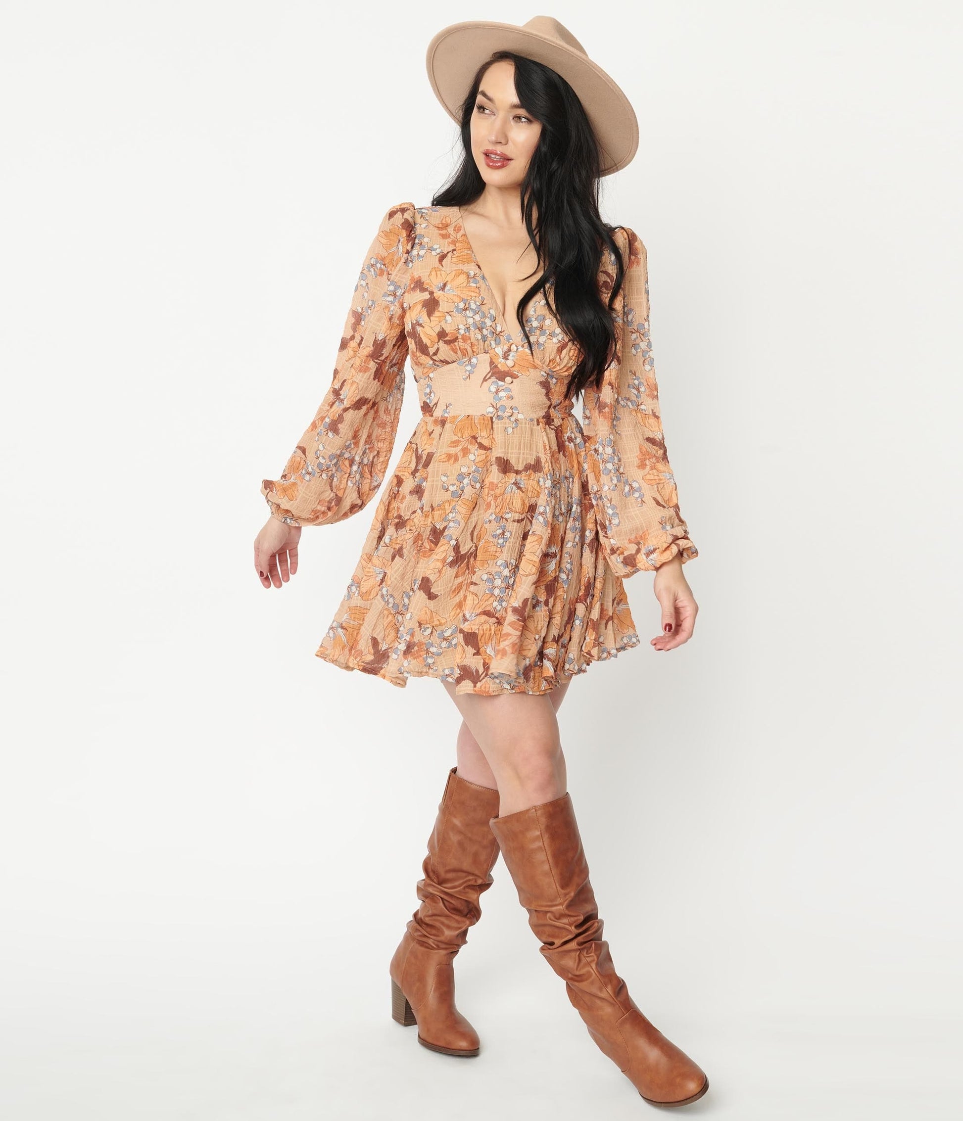 Brown & Orange Floral Print Fit & Flare Dress