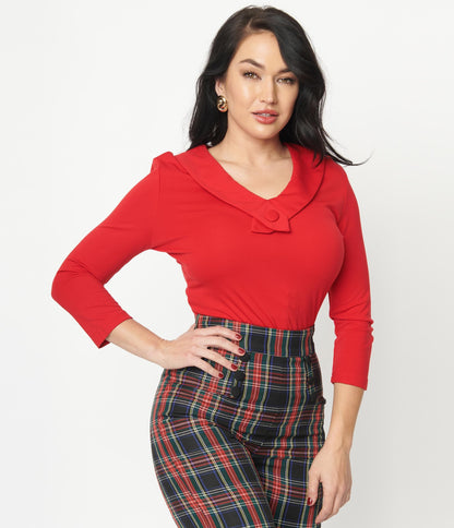 1950s Voodoo Vixen Red Retro Button Lapel Top