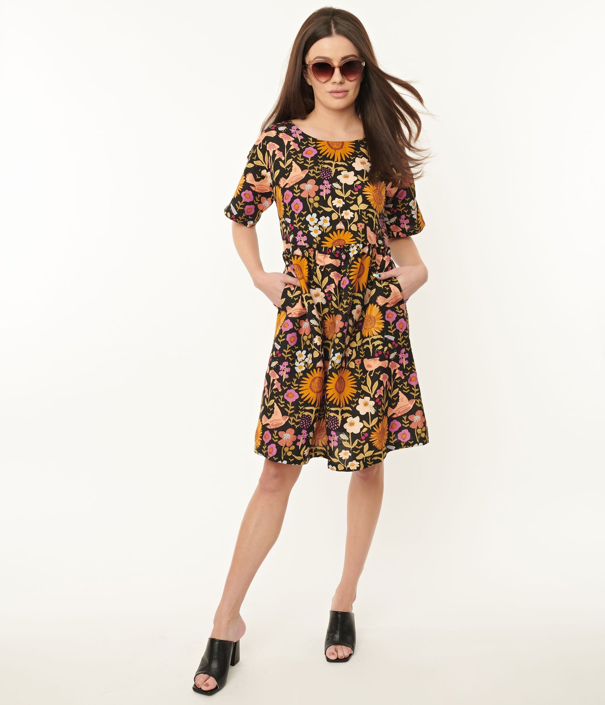 1960s Black & Multicolor Wild Garden Print Smock Dress