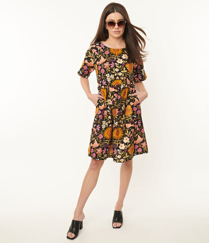 1960s Black & Multicolor Wild Garden Print Smock Dress
