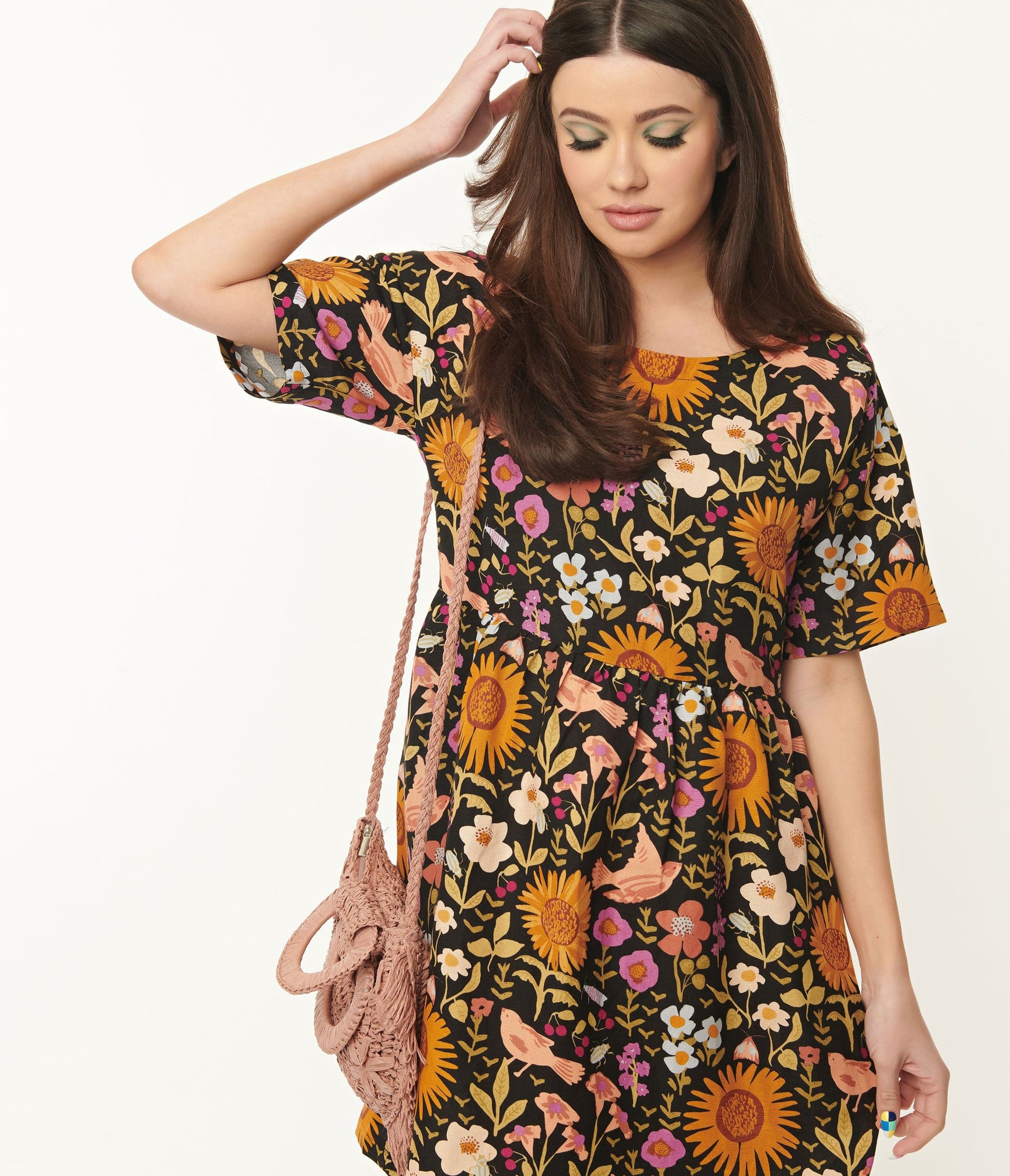 1960s Black & Multicolor Wild Garden Print Smock Dress