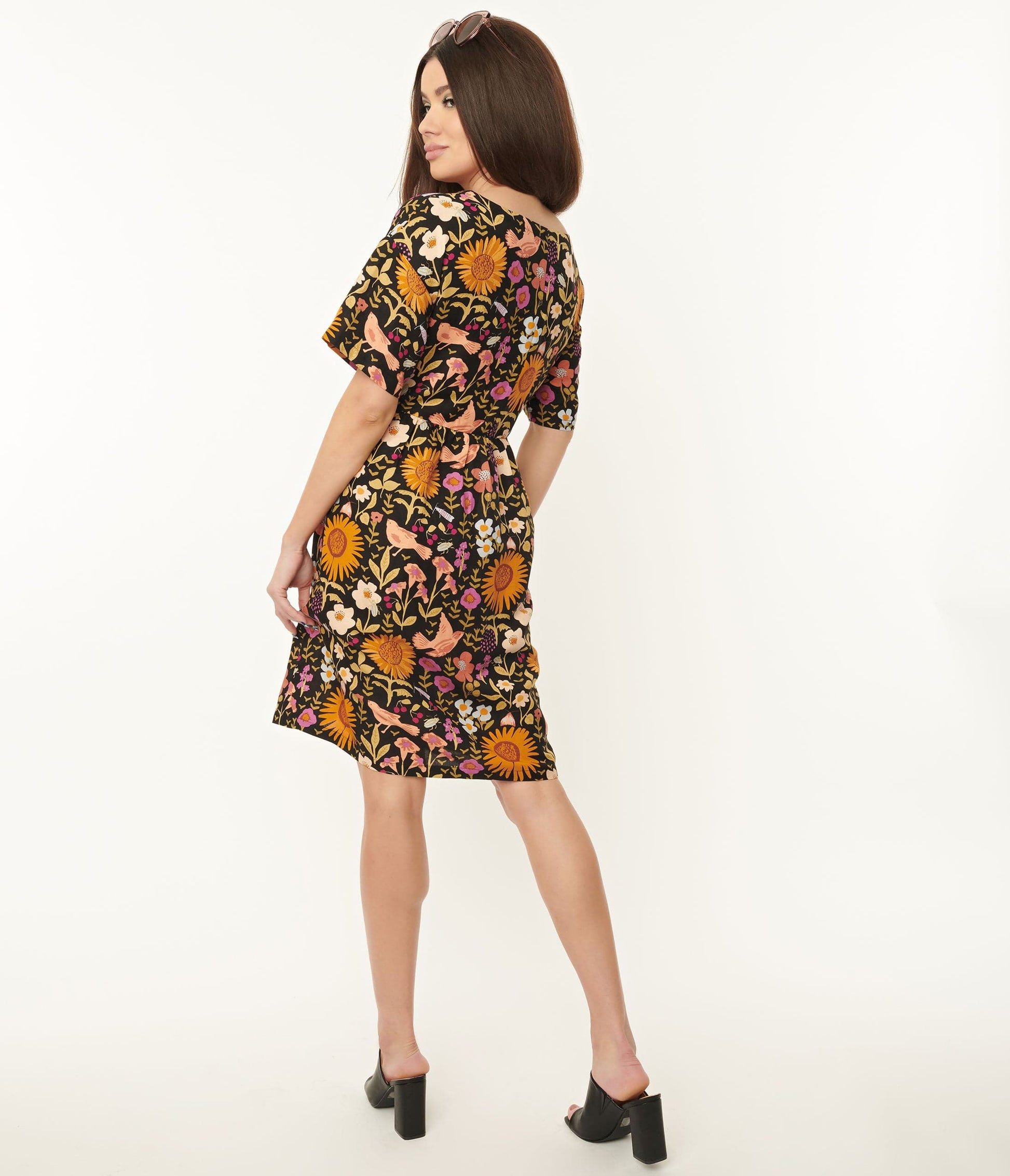 1960s Black & Multicolor Wild Garden Print Smock Dress