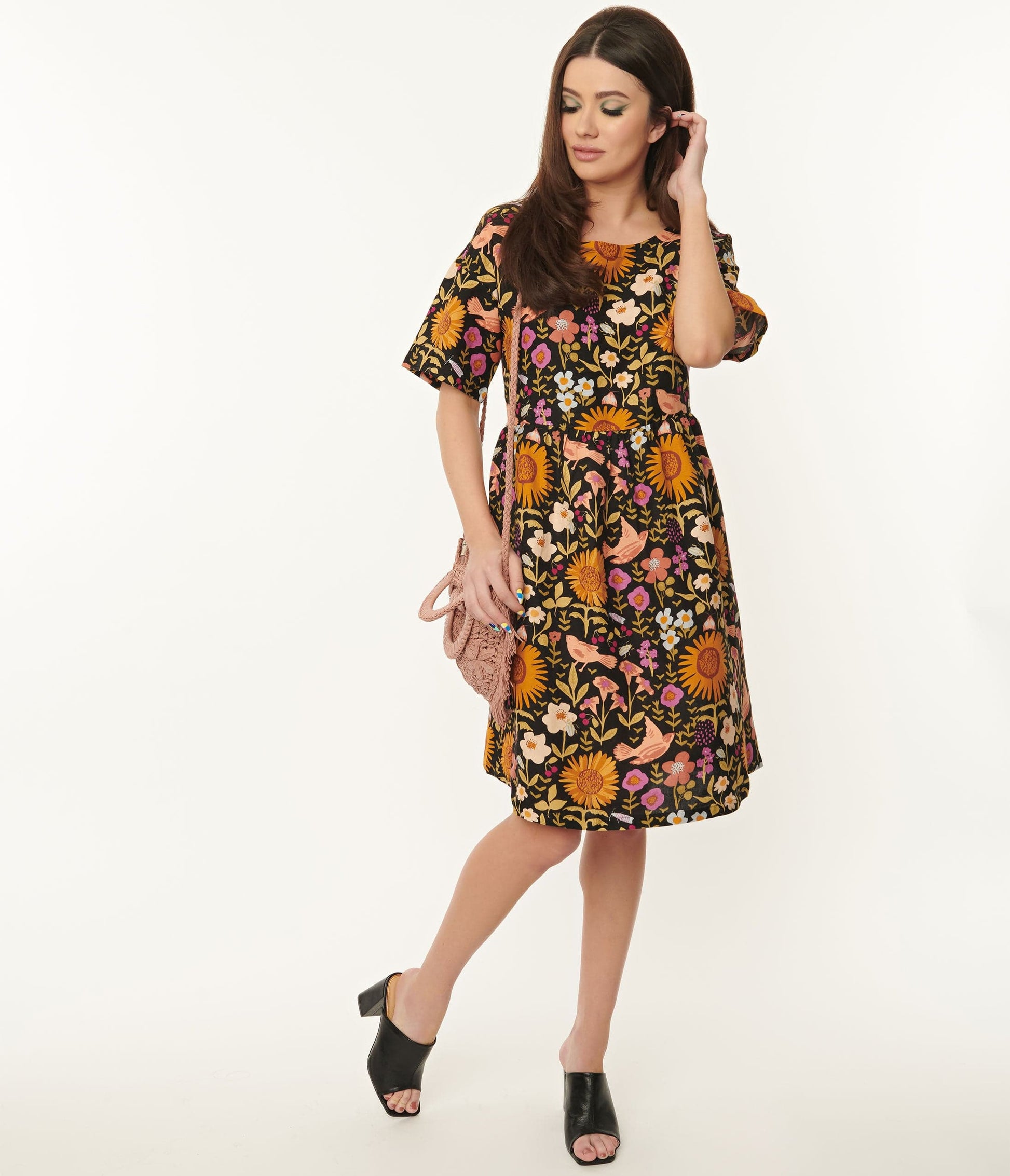1960s Black & Multicolor Wild Garden Print Smock Dress
