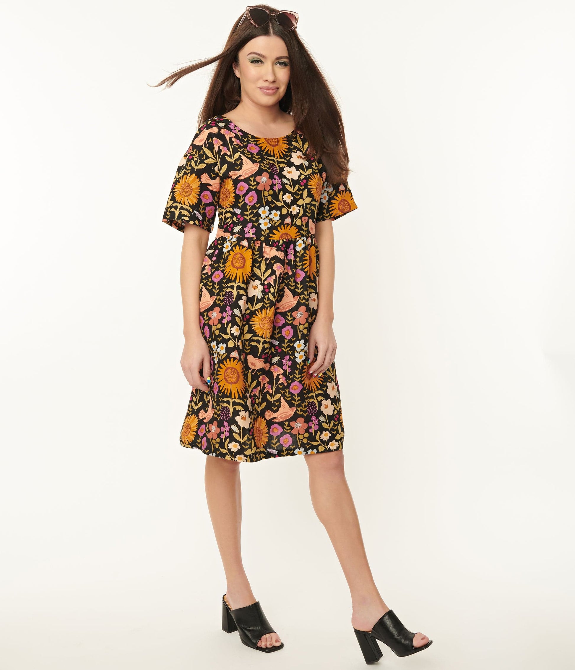 1960s Black & Multicolor Wild Garden Print Smock Dress