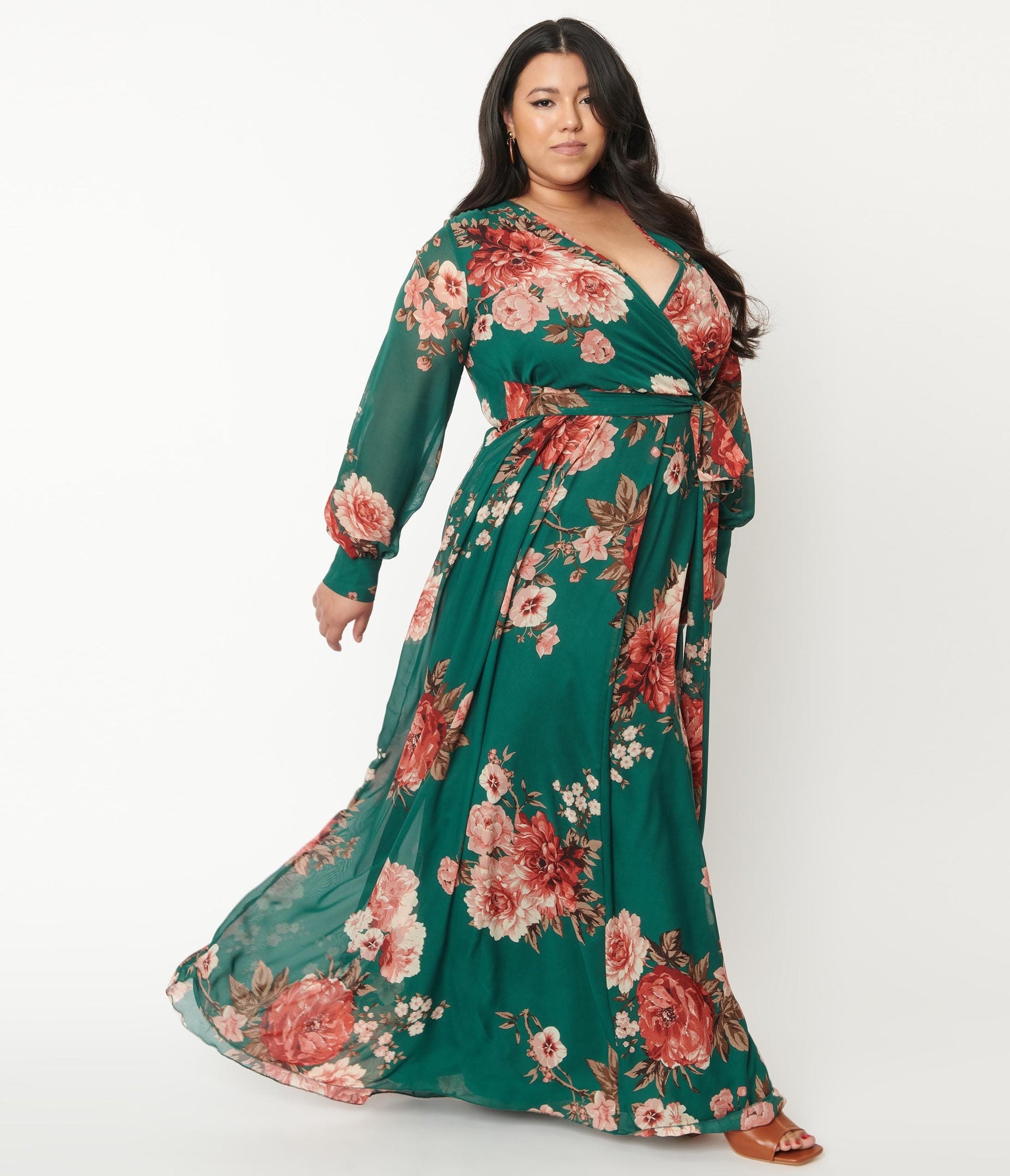Plus Size Hunter Green & Pink Floral Chiffon Maxi Dress
