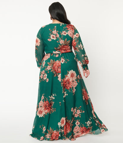 Plus Size Hunter Green & Pink Floral Chiffon Maxi Dress