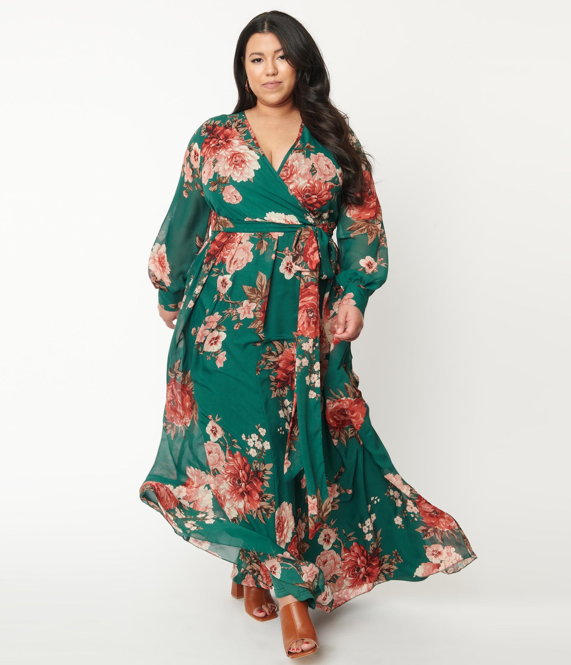 Plus Size Hunter Green & Pink Floral Chiffon Maxi Dress