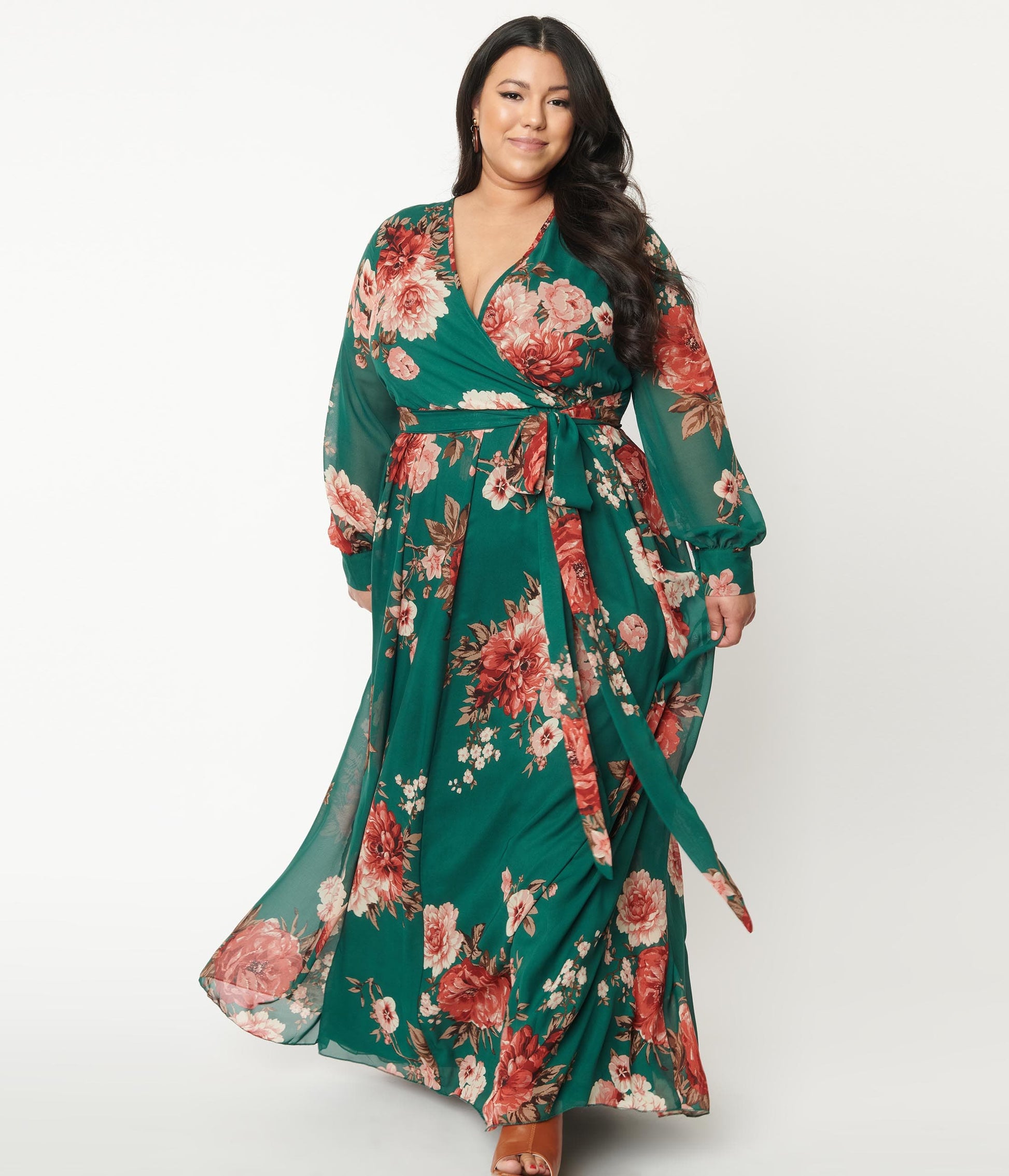 Plus Size Hunter Green & Pink Floral Chiffon Maxi Dress