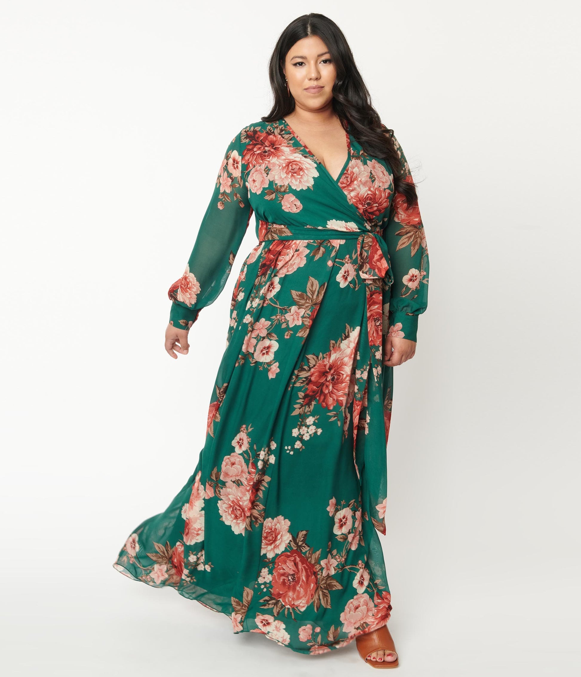 Plus Size Hunter Green & Pink Floral Chiffon Maxi Dress