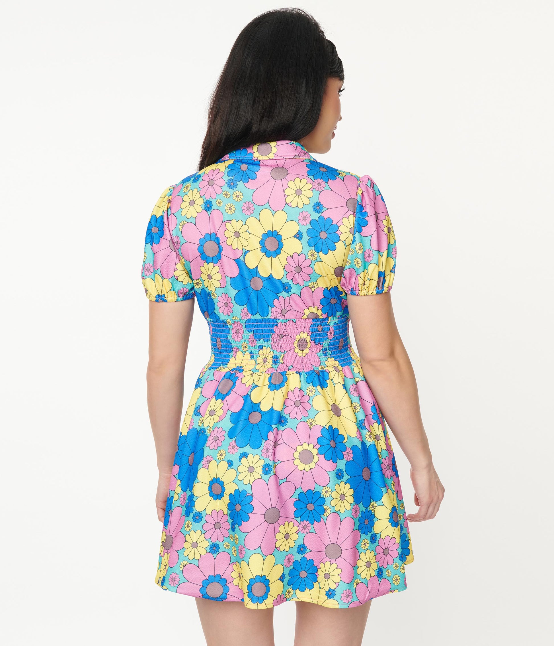 1960s Smak Parlour Blue & Yellow Floral Print Callie Shorts