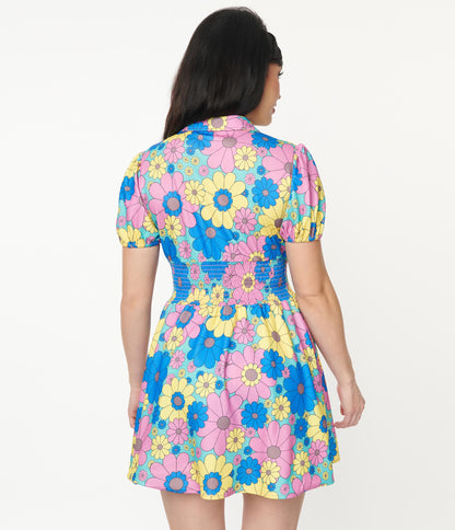 1960s Smak Parlour Blue & Yellow Floral Print Callie Shorts