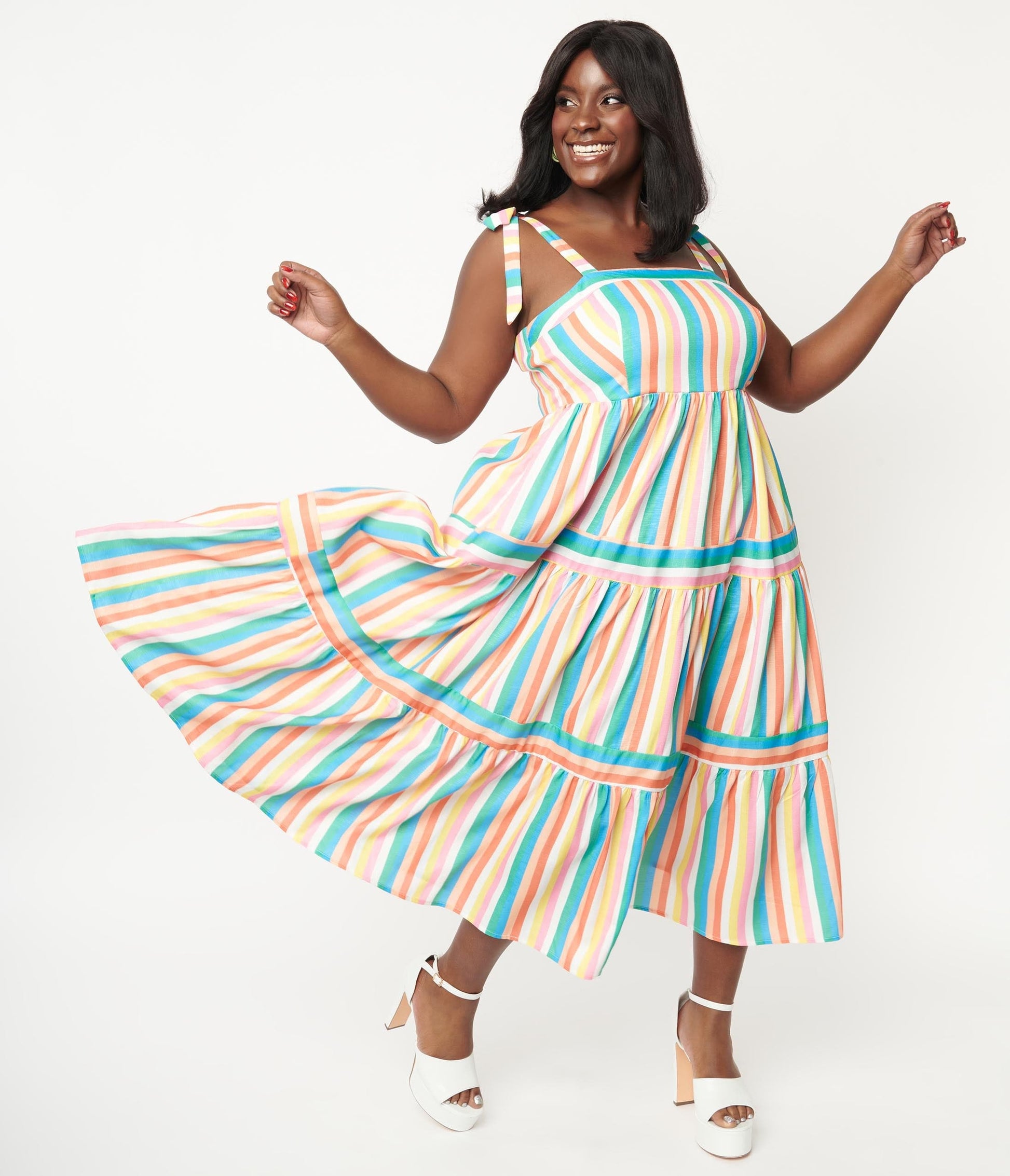1960s Unique Vintage Plus Size Rainbow Stripe Tiered Midi Dress