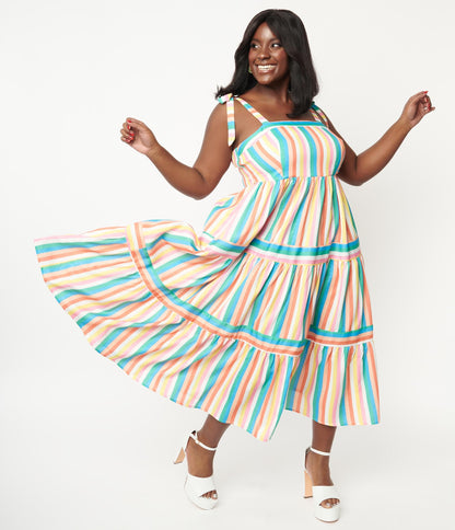 1960s Unique Vintage Plus Size Rainbow Stripe Tiered Midi Dress