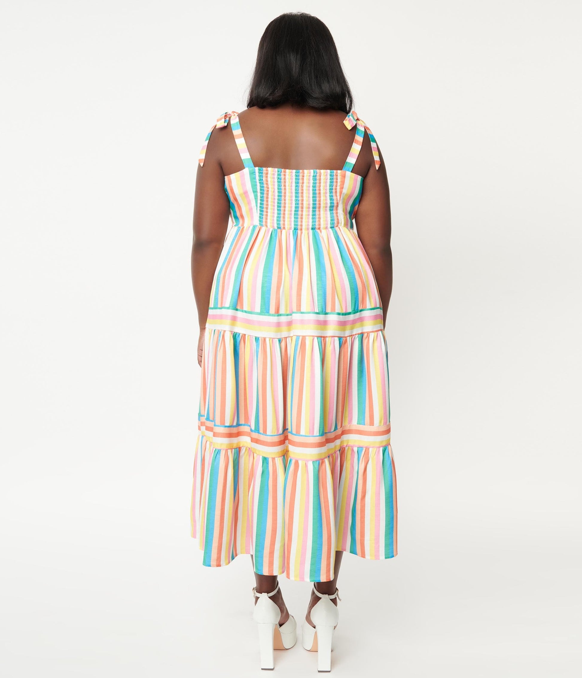 1960s Unique Vintage Plus Size Rainbow Stripe Tiered Midi Dress