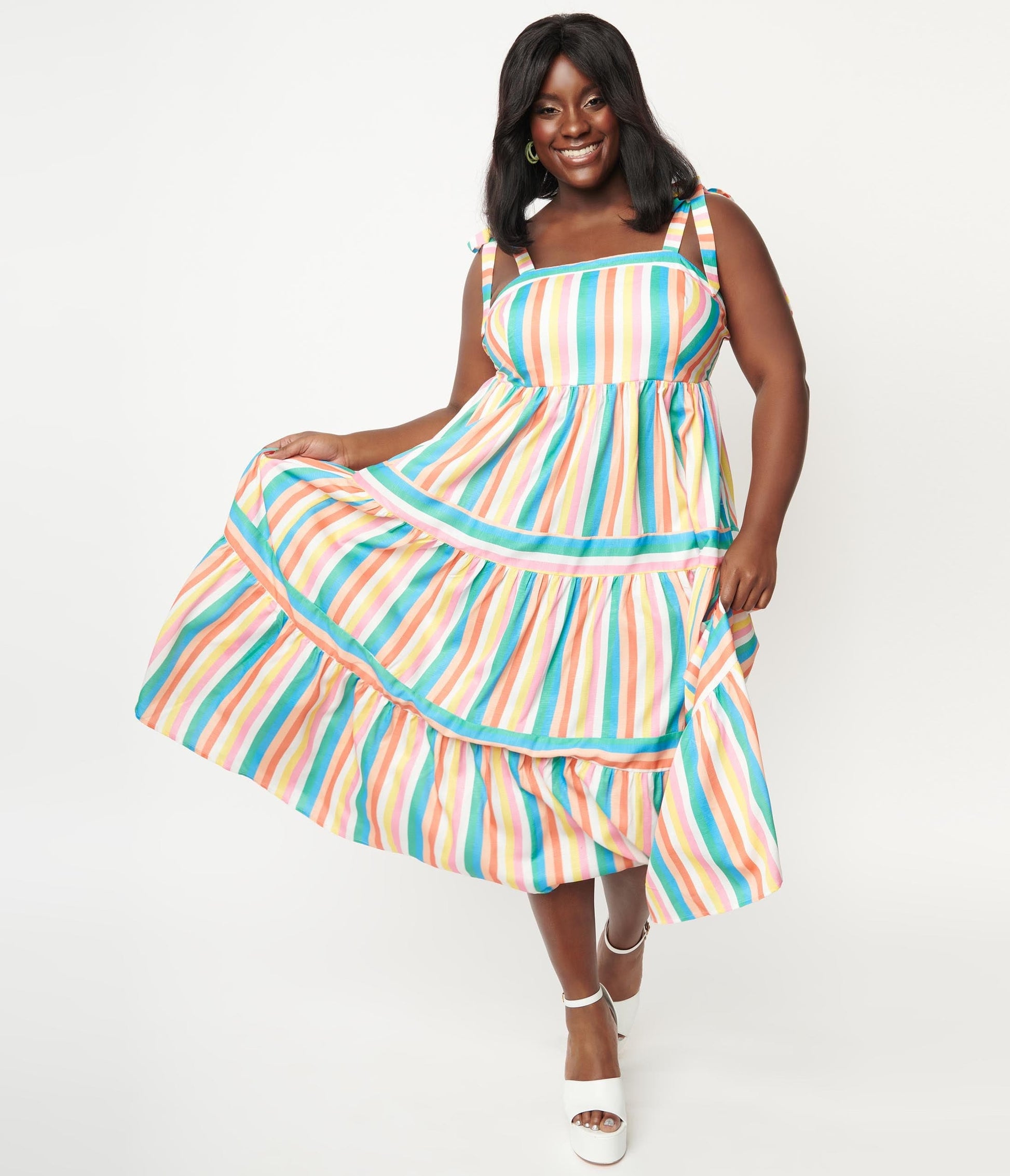 1960s Unique Vintage Plus Size Rainbow Stripe Tiered Midi Dress