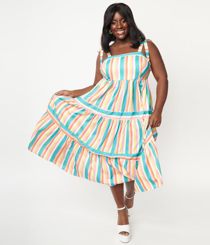 1960s Unique Vintage Plus Size Rainbow Stripe Tiered Midi Dress