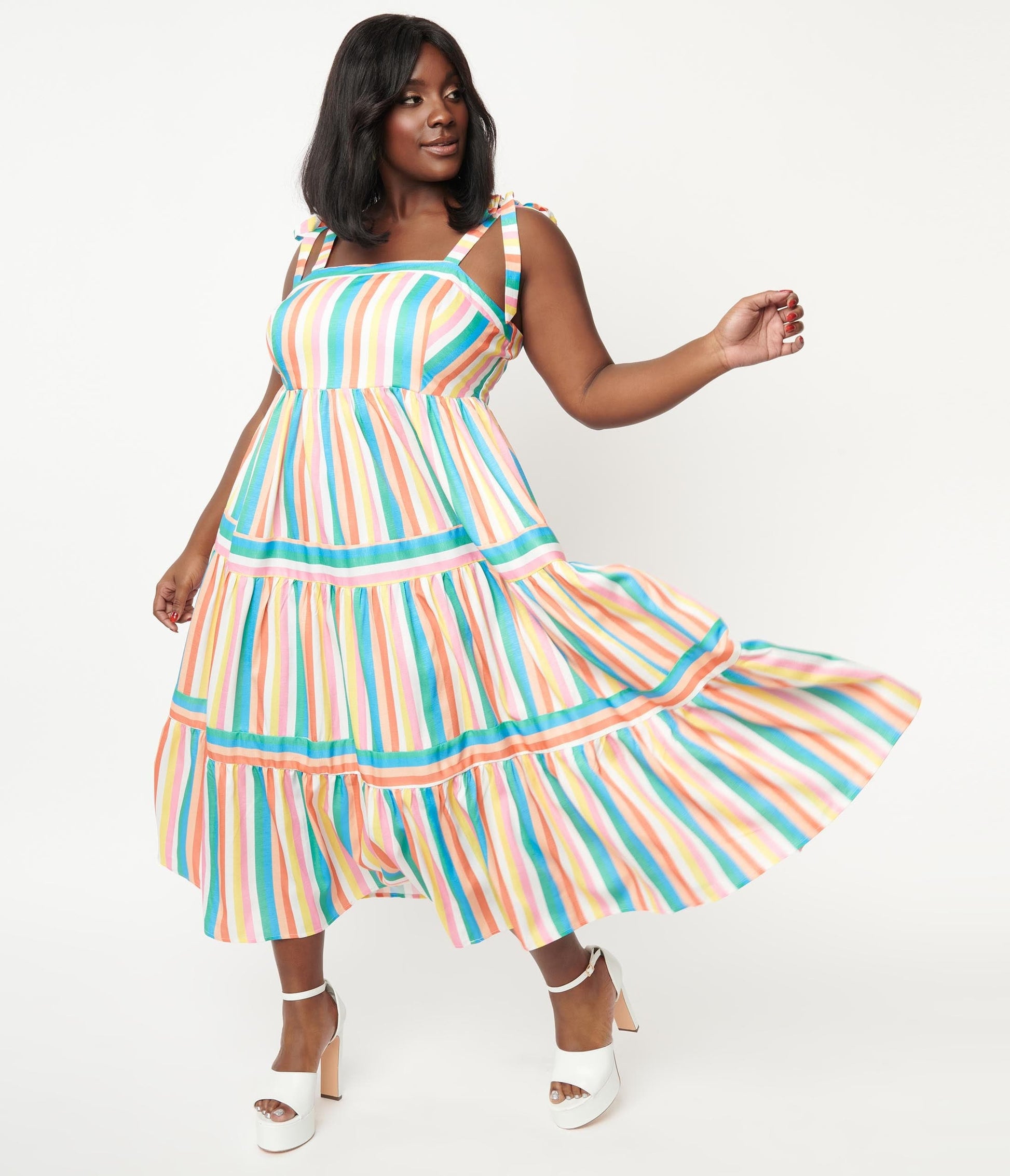 1960s Unique Vintage Plus Size Rainbow Stripe Tiered Midi Dress
