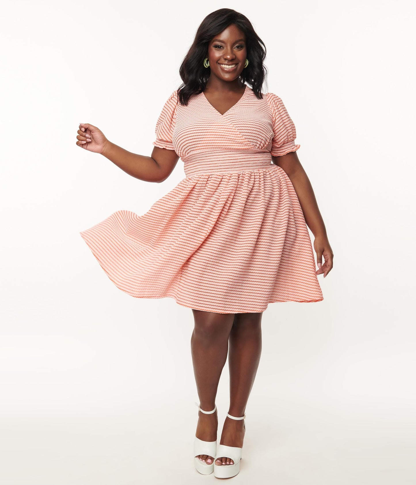 1950s Unique Vintage Plus Size Coral Stripe Smocked Flare Dress