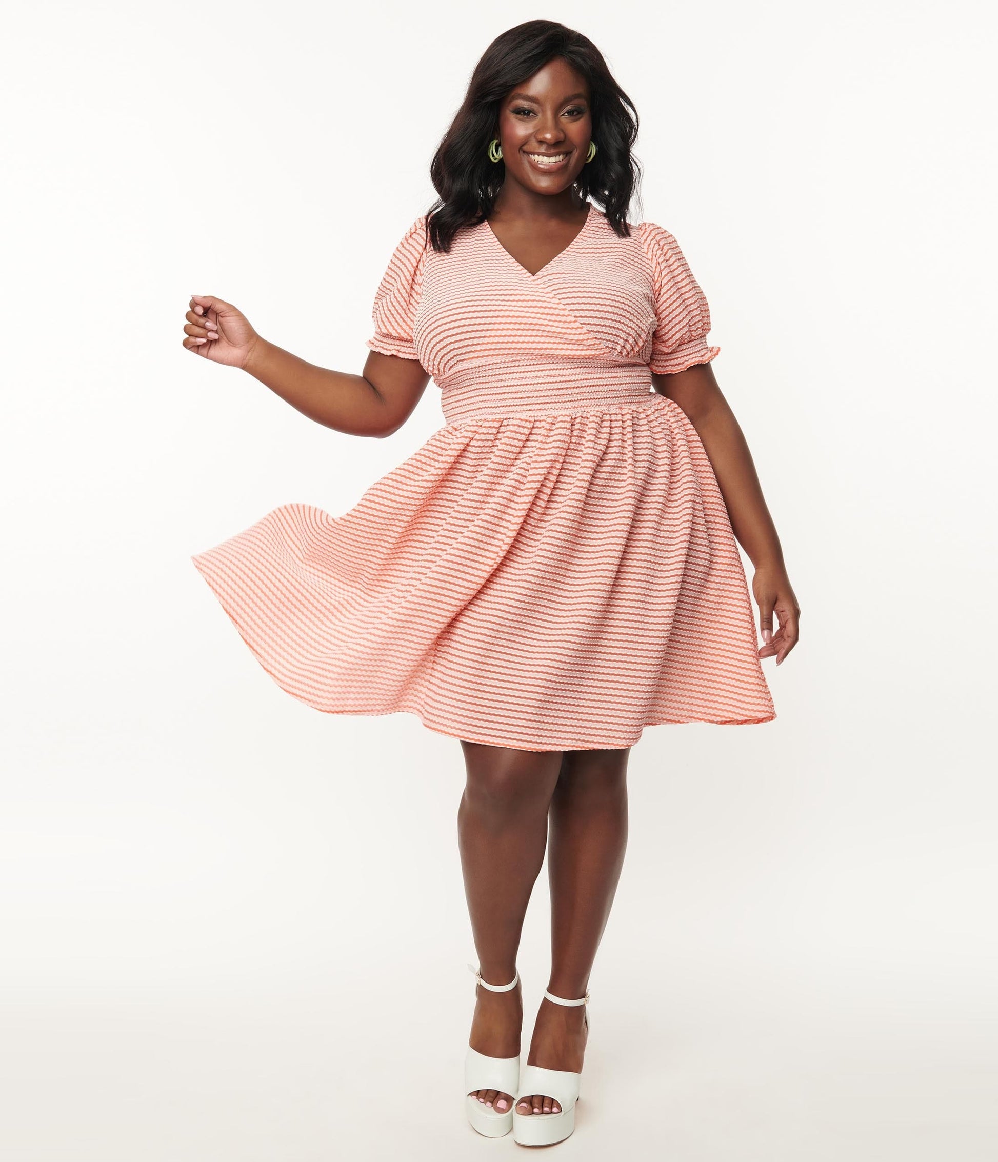 1950s Unique Vintage Plus Size Coral Stripe Smocked Flare Dress