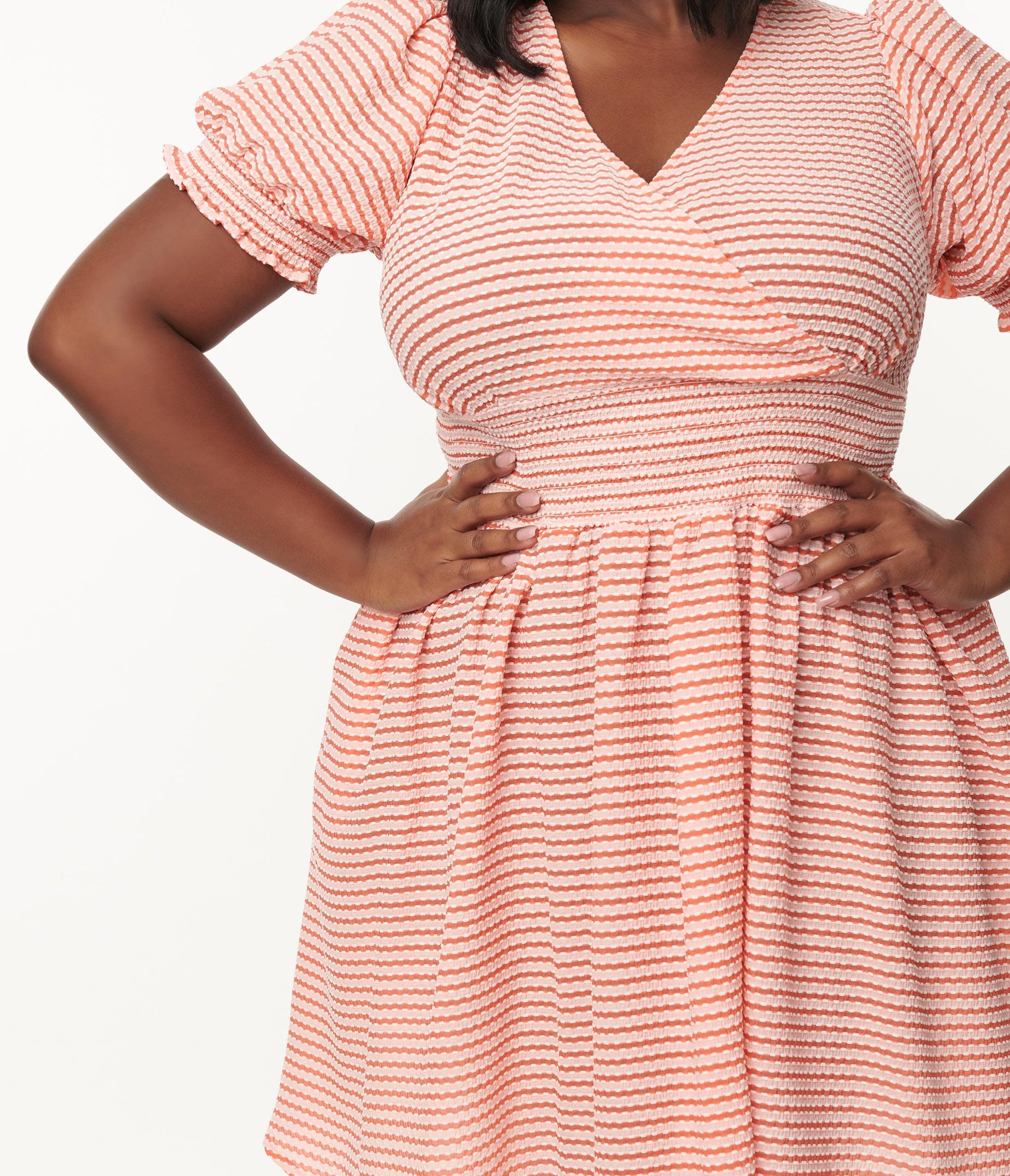 1950s Unique Vintage Plus Size Coral Stripe Smocked Flare Dress